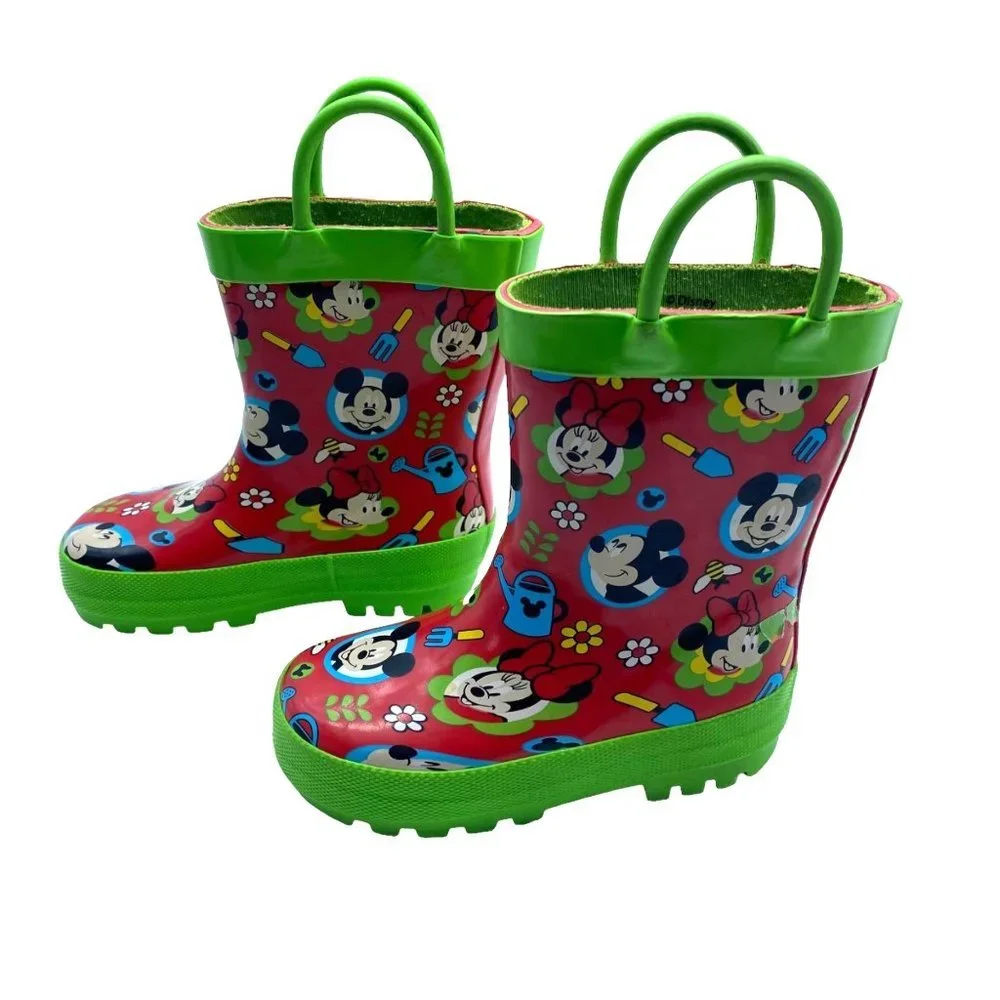 Disney Mickey x Minnie Kid Size 5/6 Red Green Pull On Rubber Rain Garden‎ Boots